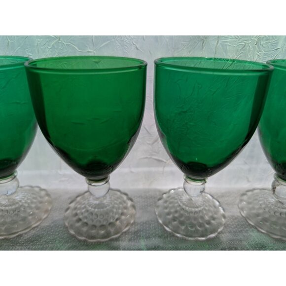 5 Vintage Anchor Hocking Bubble Foot Green Glass Goblets with Clear Stems - Picture 2 of 8